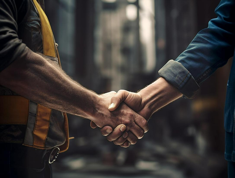 A satisfied homeowner shaking hands with a technician after a successful septic service