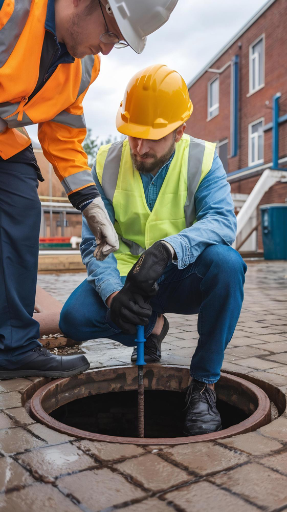 Technicians performing commercial septic pumping service at a job site.