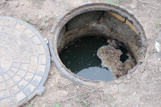 Septic tank access with visible sludge and signs of poor filtration